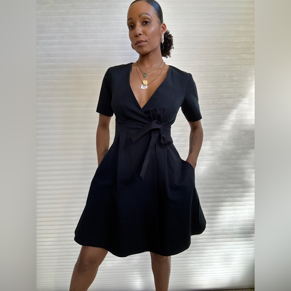 COS Navy Blue Textured Wrap Dress | Short Sleeve Minimalist A-Line - Picture 14 of 16